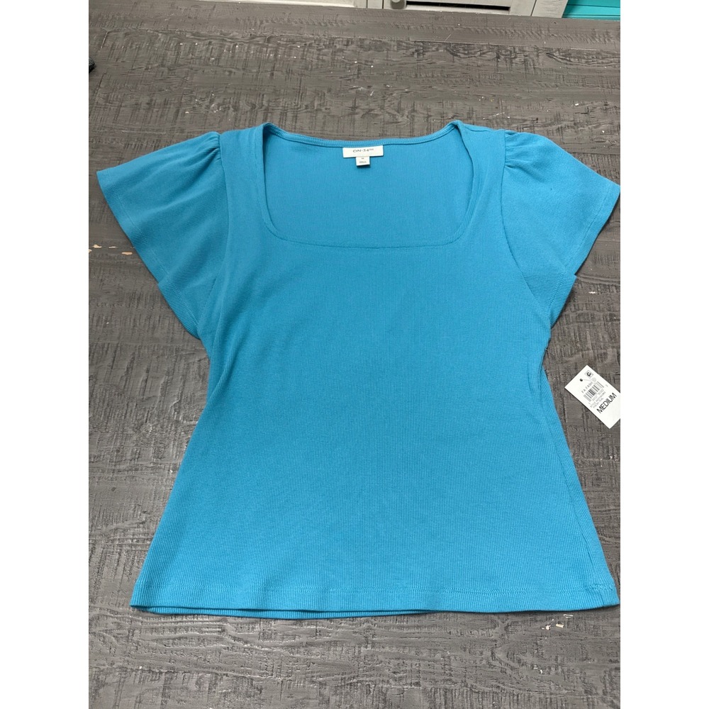 ON‎ 34th Ribbed Flutter Sleeve Top Blue Square Neck Stretch Blouse Medium